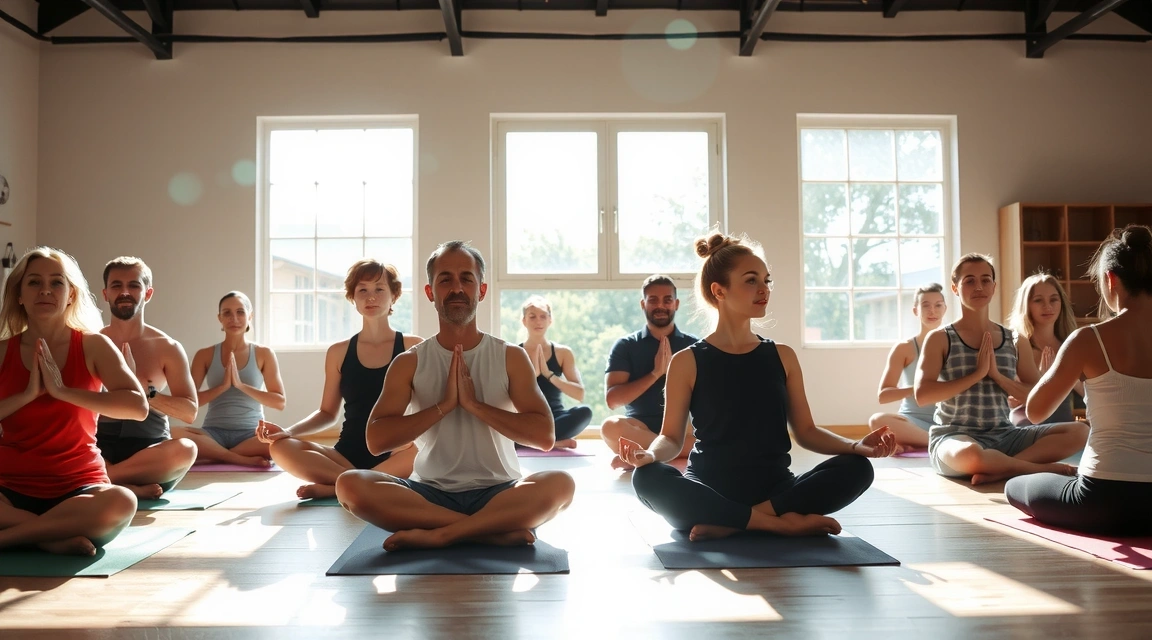 A diverse group of people meditating together in a peaceful, sunlit studio, forming a strong community bond.