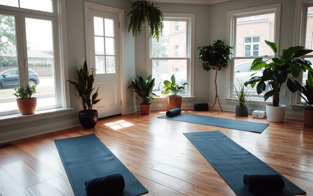 Yoga studio interior with natural light and plants