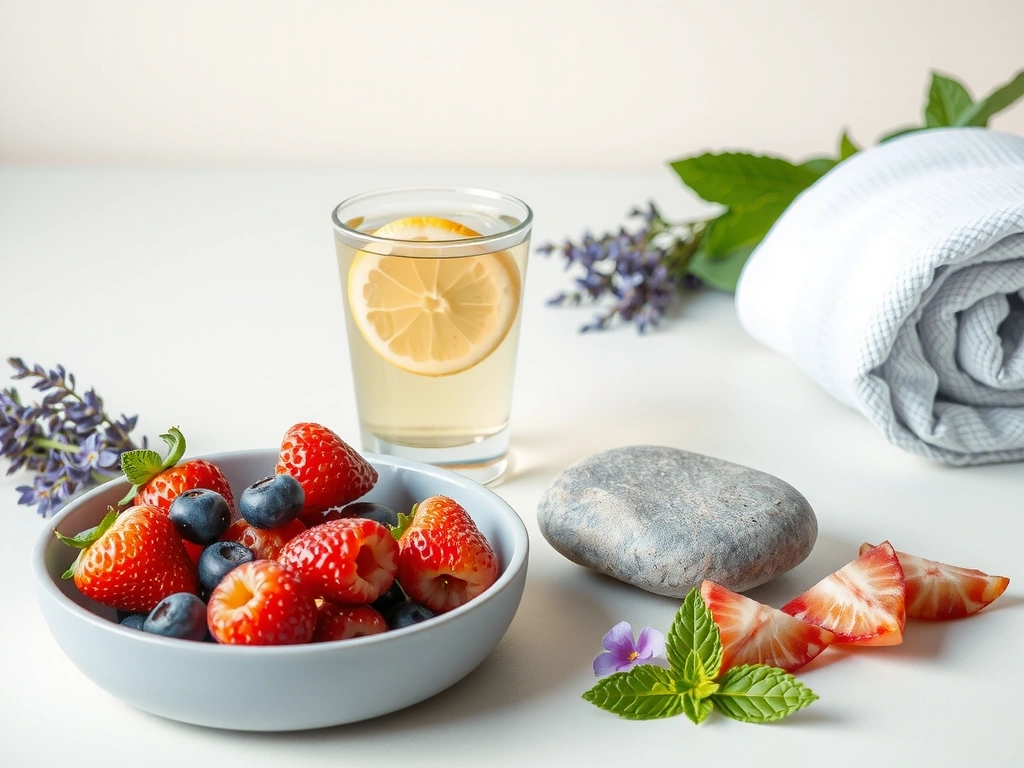 A vibrant still life with natural elements like fresh fruits, herbs, and a yoga block, symbolizing holistic health.