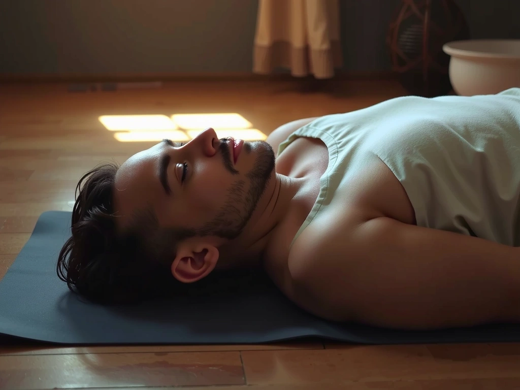 Person in a deeply relaxed pose (Savasana), embodying tranquility and stress reduction.