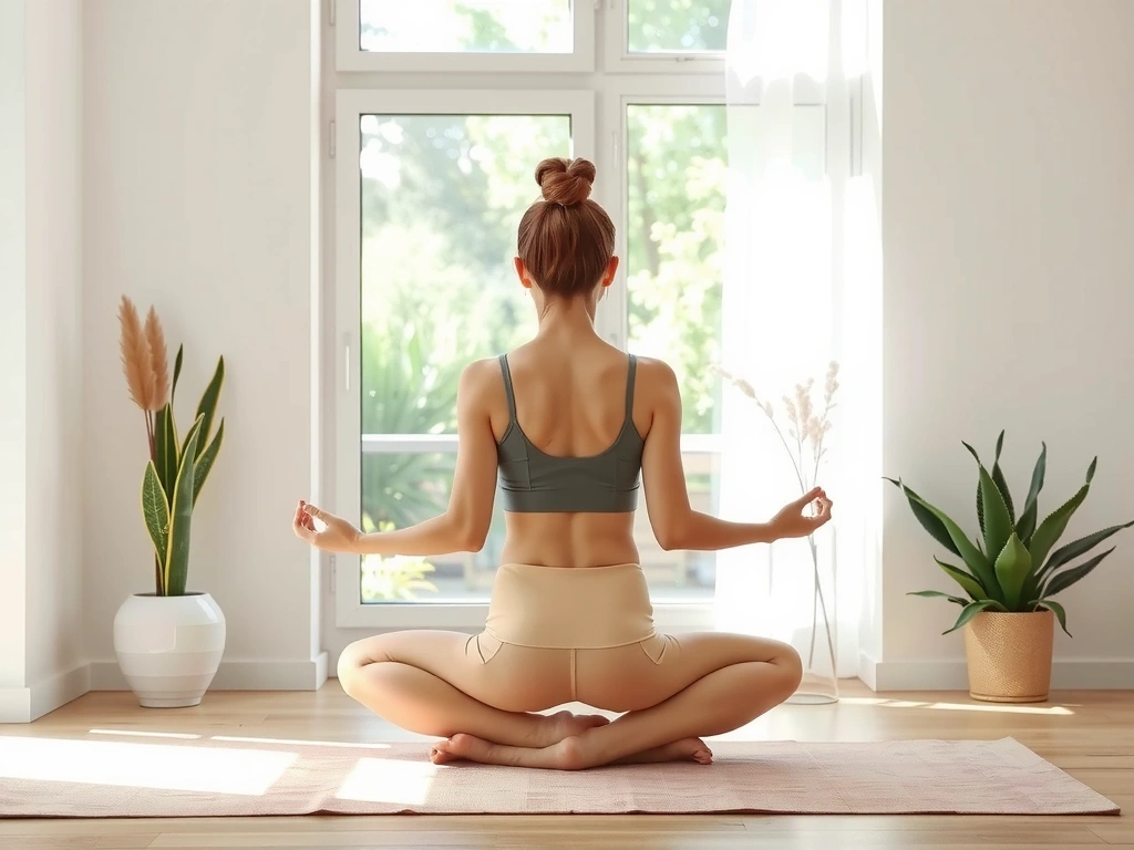 A serene woman meditating in a yoga studio, surrounded by soft light and natural elements, representing peace and privacy.