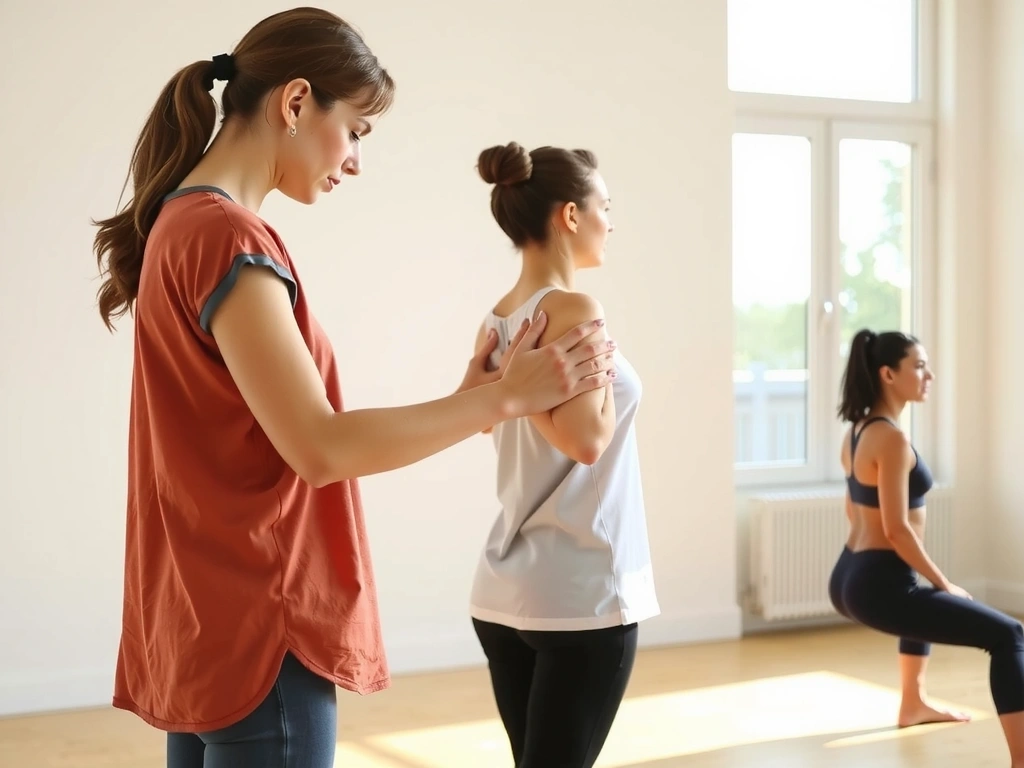 Instructor assisting a student in a yoga pose