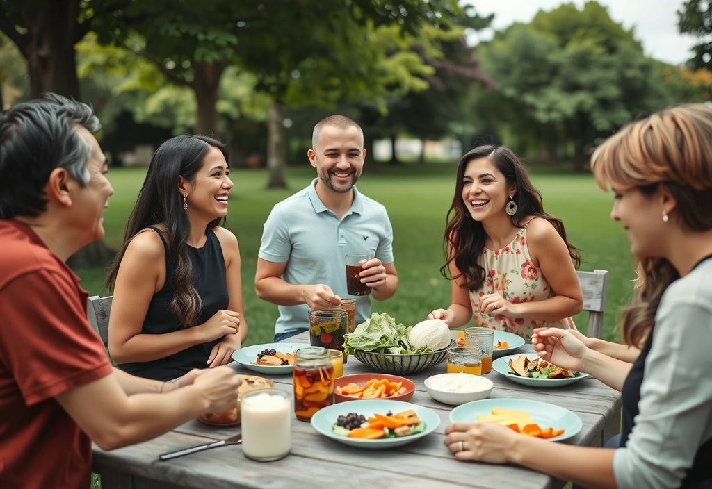 Diverse group of people enjoying a communal vegetarian meal, laughing and socializing